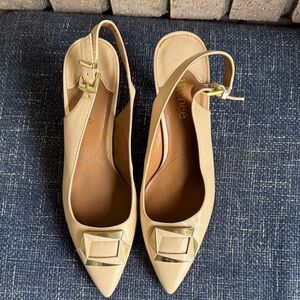 J. Renee Beige Slingback Flats with Gold Buckle